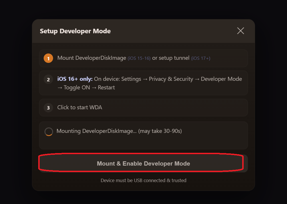 Mount Developer Mode dialog